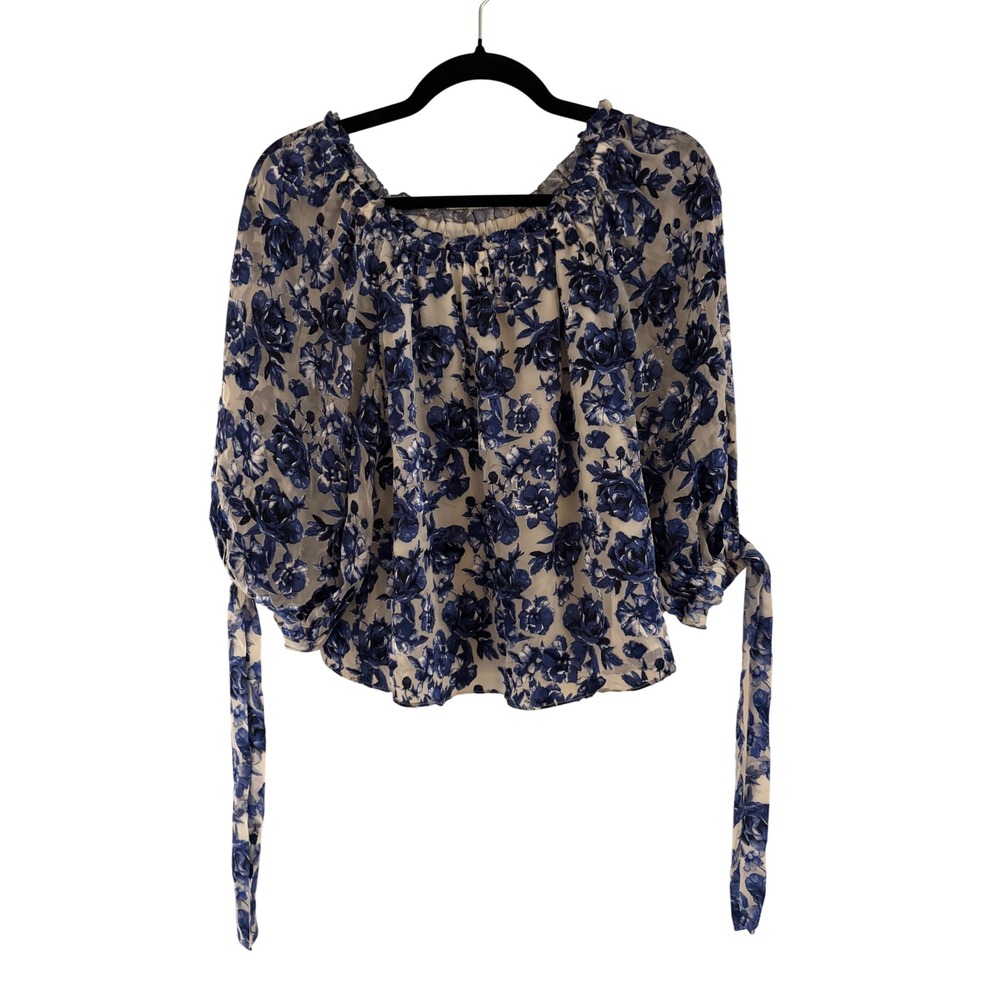 Alice + Olivia Blue Floral Silk Blend Off Shoulder Tie Sleeve Blouse Size S